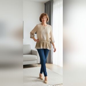 Chico's Peplum Goddess Blouse  3/16/XL Ombre Taupe Silk & Silver Metallic Tunic